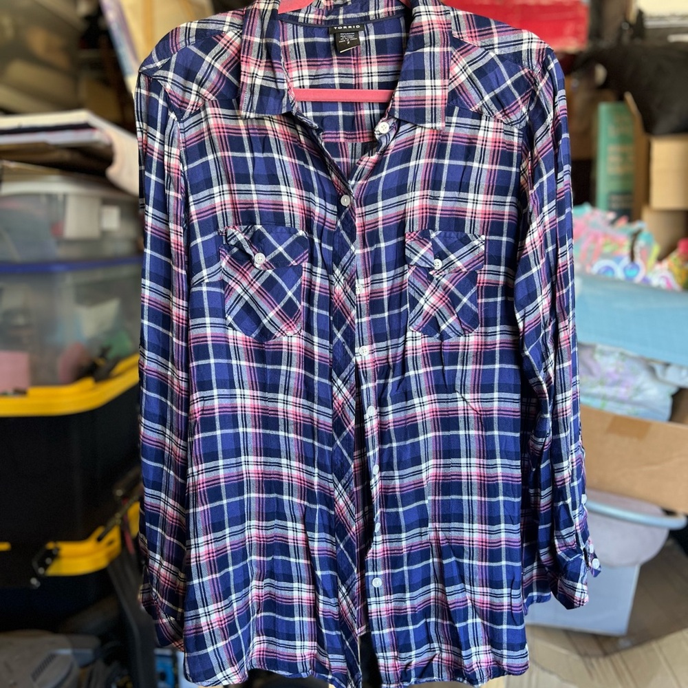 Plaid Button-Up Shirt in Blue and Pink